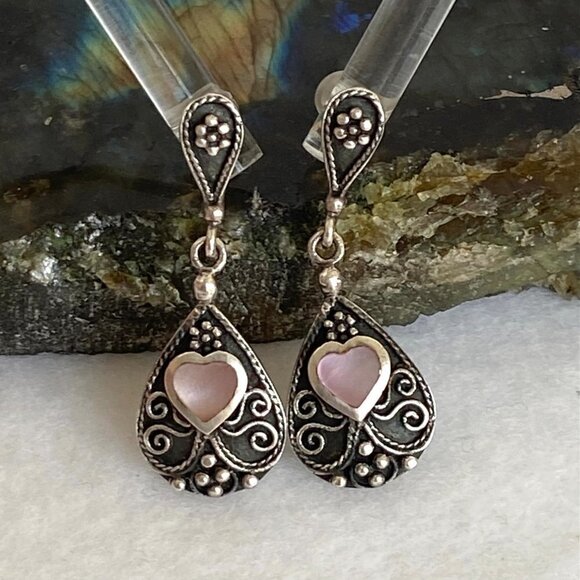 Sterling Silver 925 BOMA MOP Mother Of Pearl Oxidized Scrollwork Dangle Earrings - Picture 6 of 16
